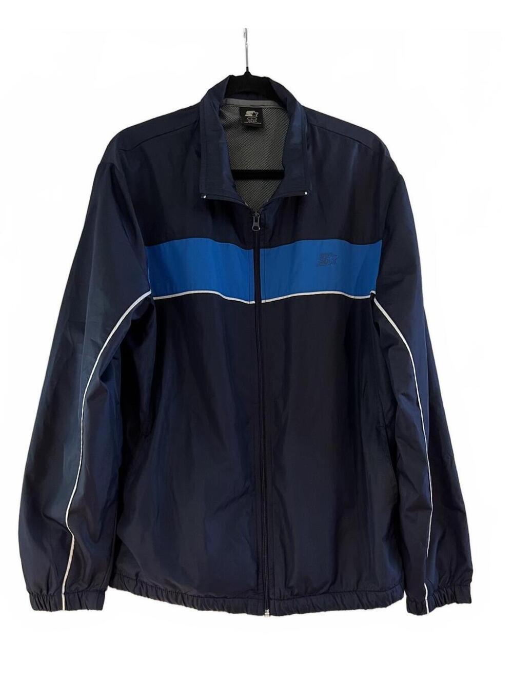 Starter Vintage Navy Blue Windbreaker Jacket with Blue and White Stripe Size L